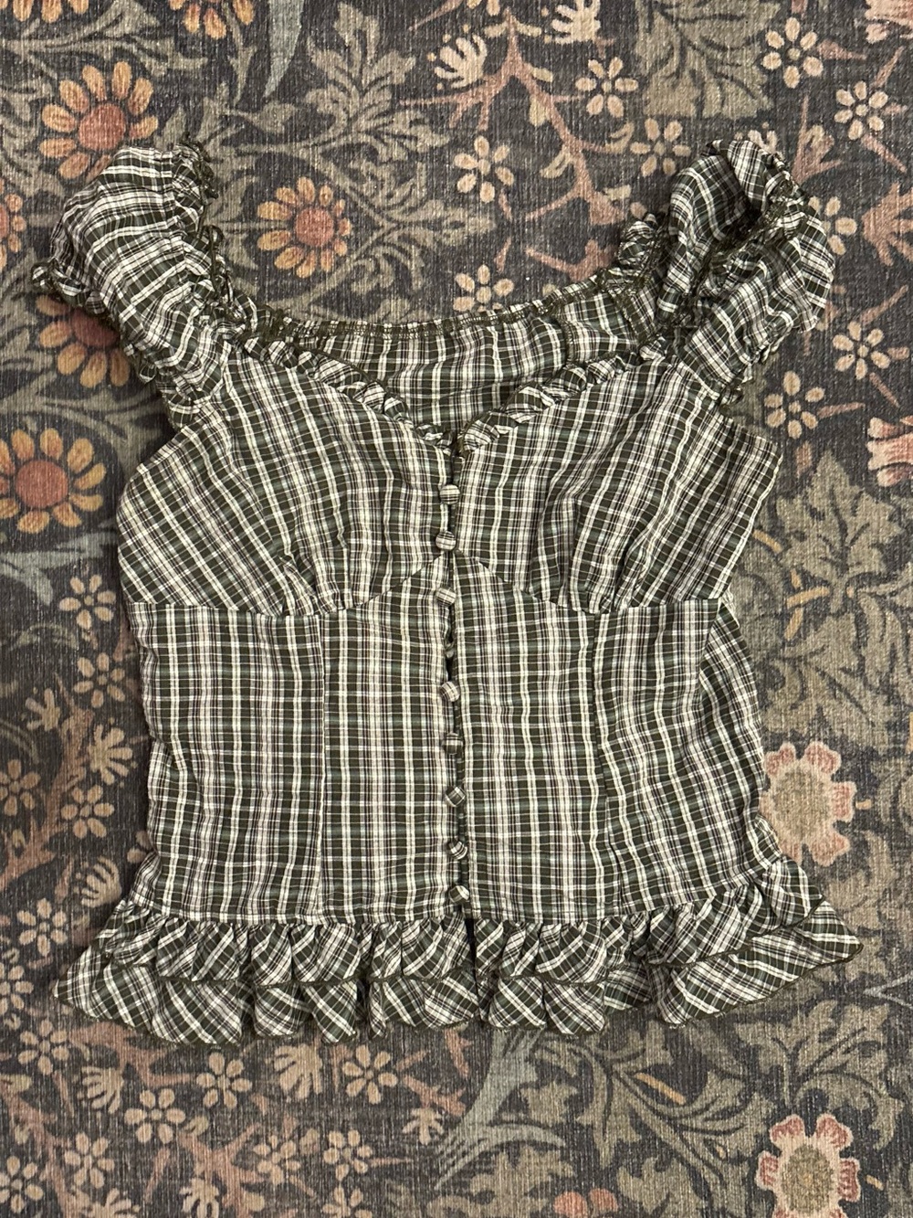 Cider Olive Green Plaid Ruffle Button-Front Camisole